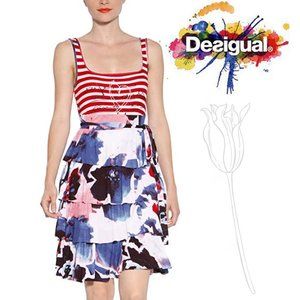 Desigual Women's Vest Hielo Summer Red, White & Blue Dress Large